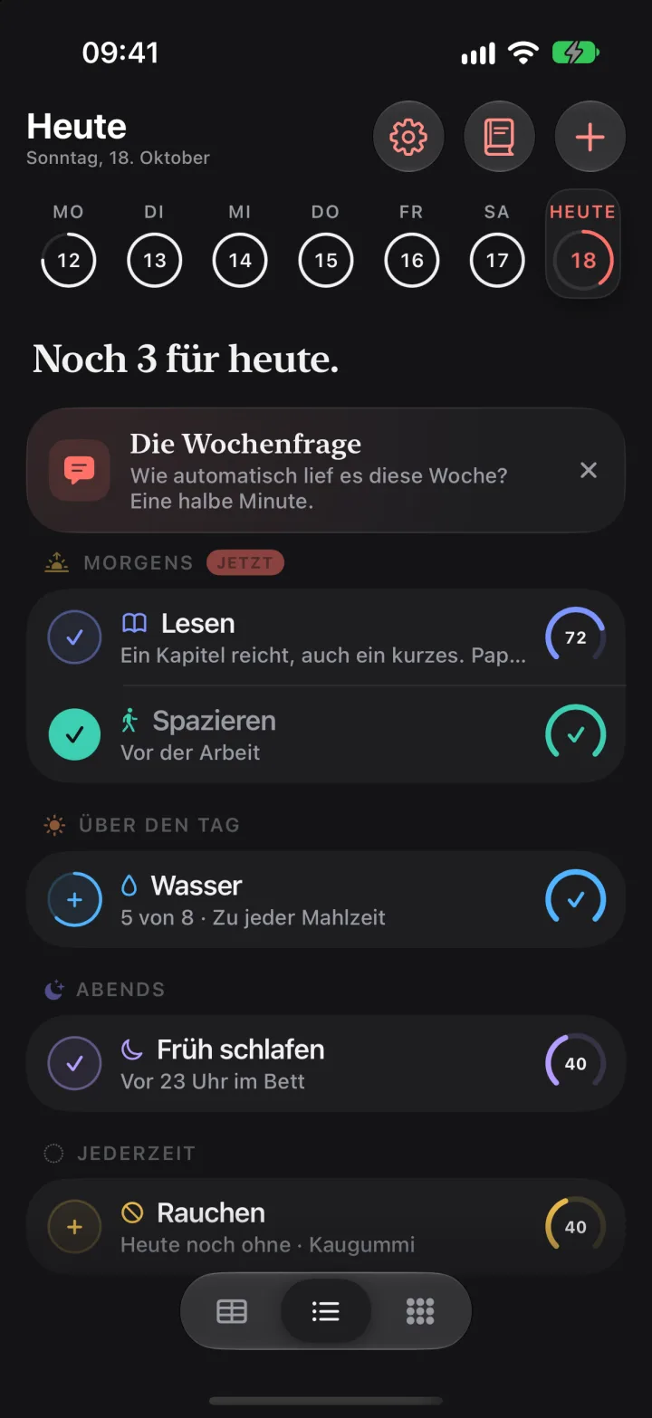 Die Tagesansicht, sortiert nach morgens, über den Tag und abends
